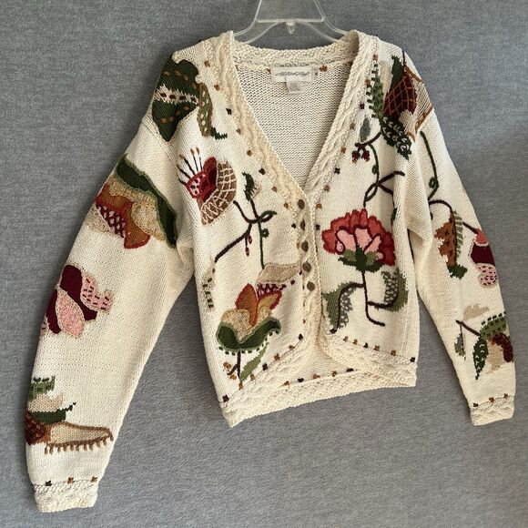 All Week Long Chunky Cardigan Sweater M Floral Cottagecore Cabin Beige Crochet - Picture 4 of 13